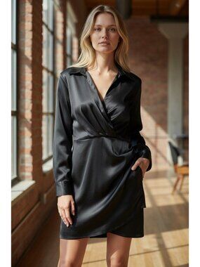 Zara Black Satin Wrap Dress With Long Sleeves Asymmetrical Hem & Ruched Detail W